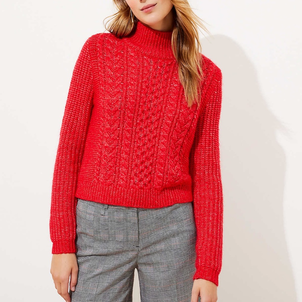 LOFT Cropped Cable Chunky Turtleneck Sweater Red